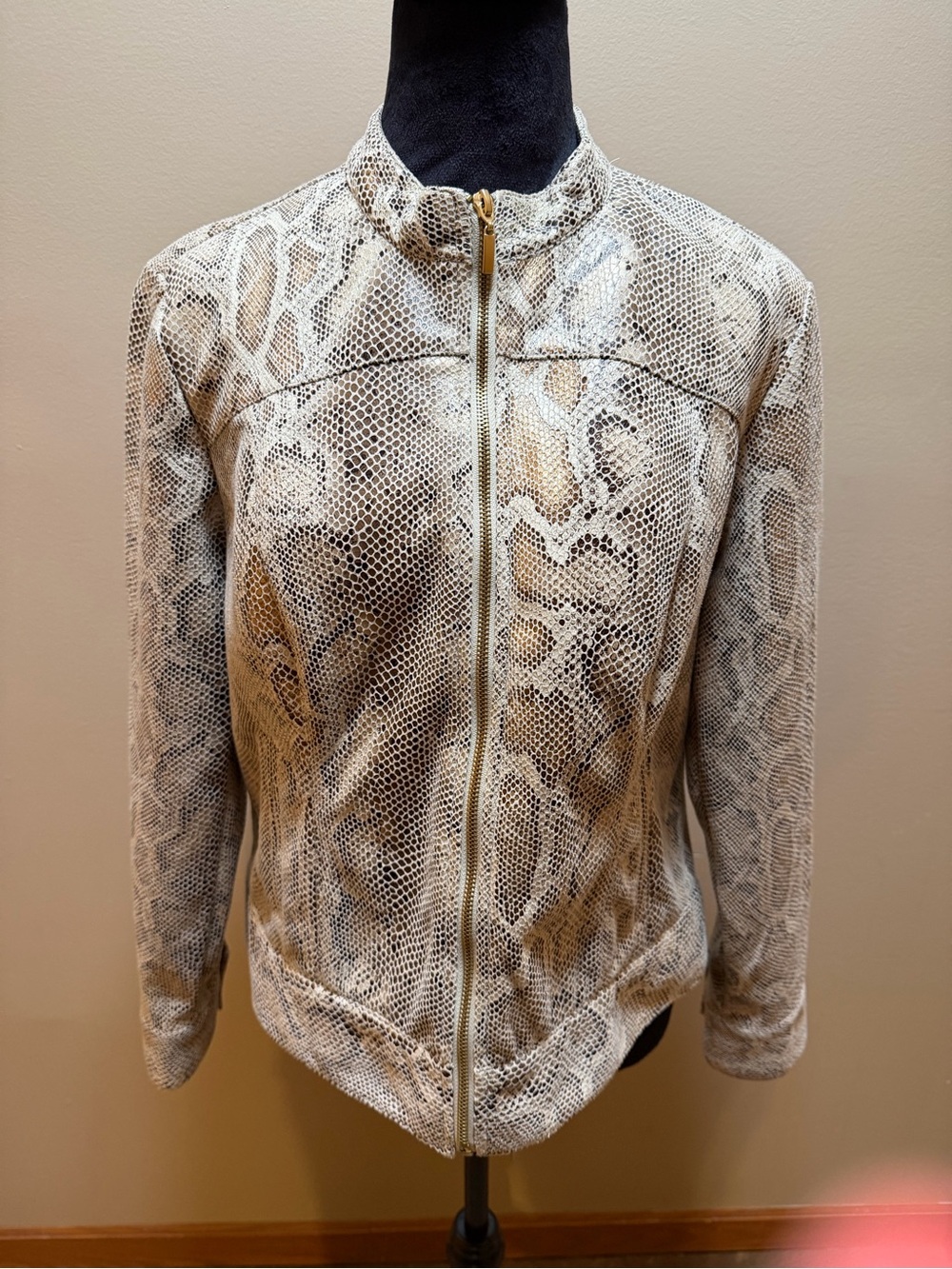 Ruby Rd. Snake-Print Zip Front Jacket in Beige and Cream